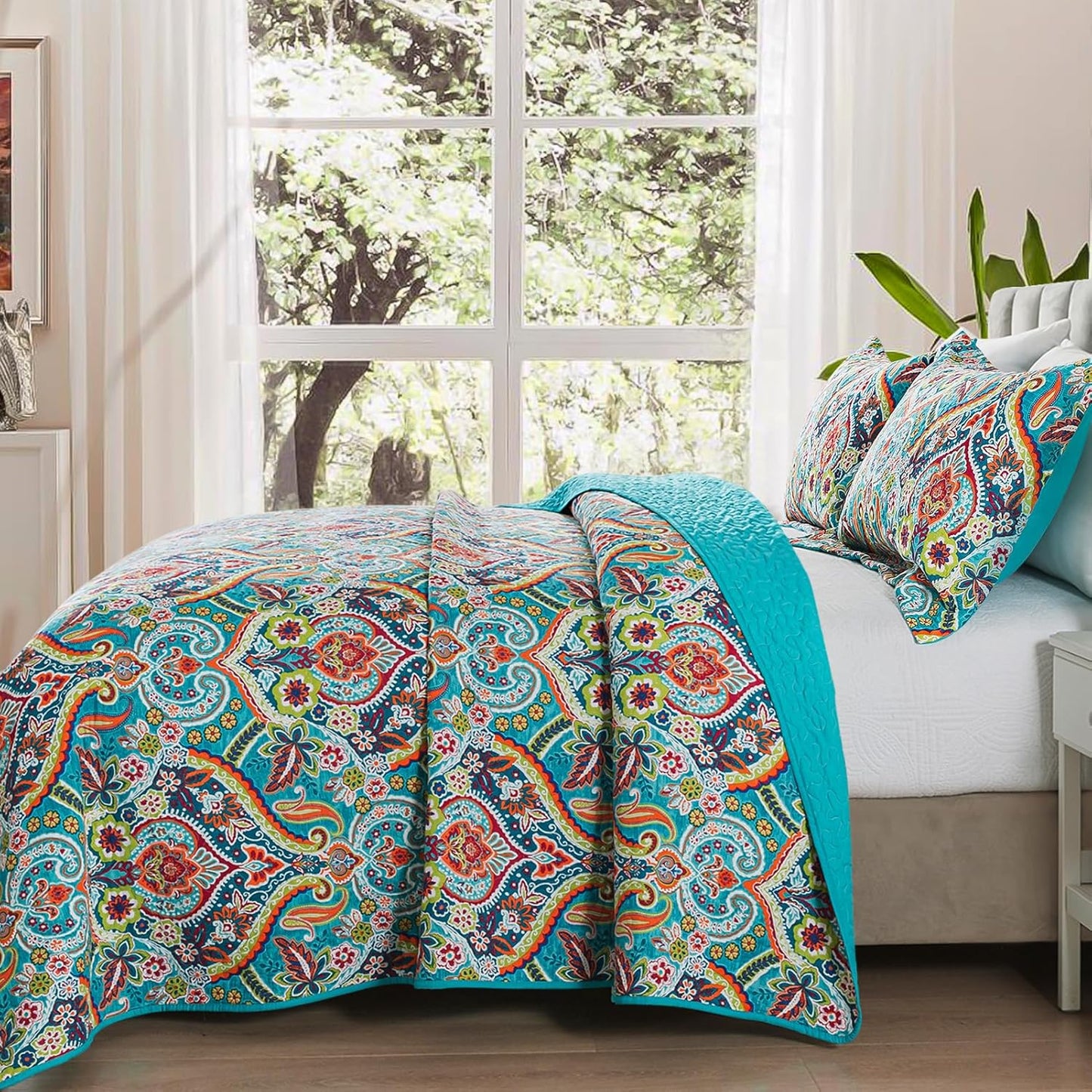 VAPUTAR Quilt King Bedding Set - Soft Cotton Quilts with Paisley Floral Pattern - Lightweight Reversible Bedspreads for Farmhouse (3 Pieces, Bright Teal)