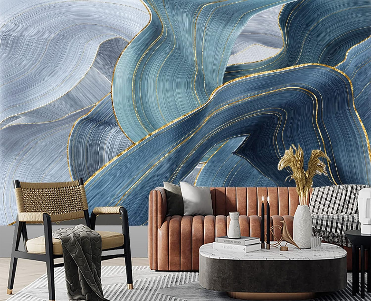 Gilding Marble Blue Wall Mural Wallpaper for Bedroom 137" x 100"