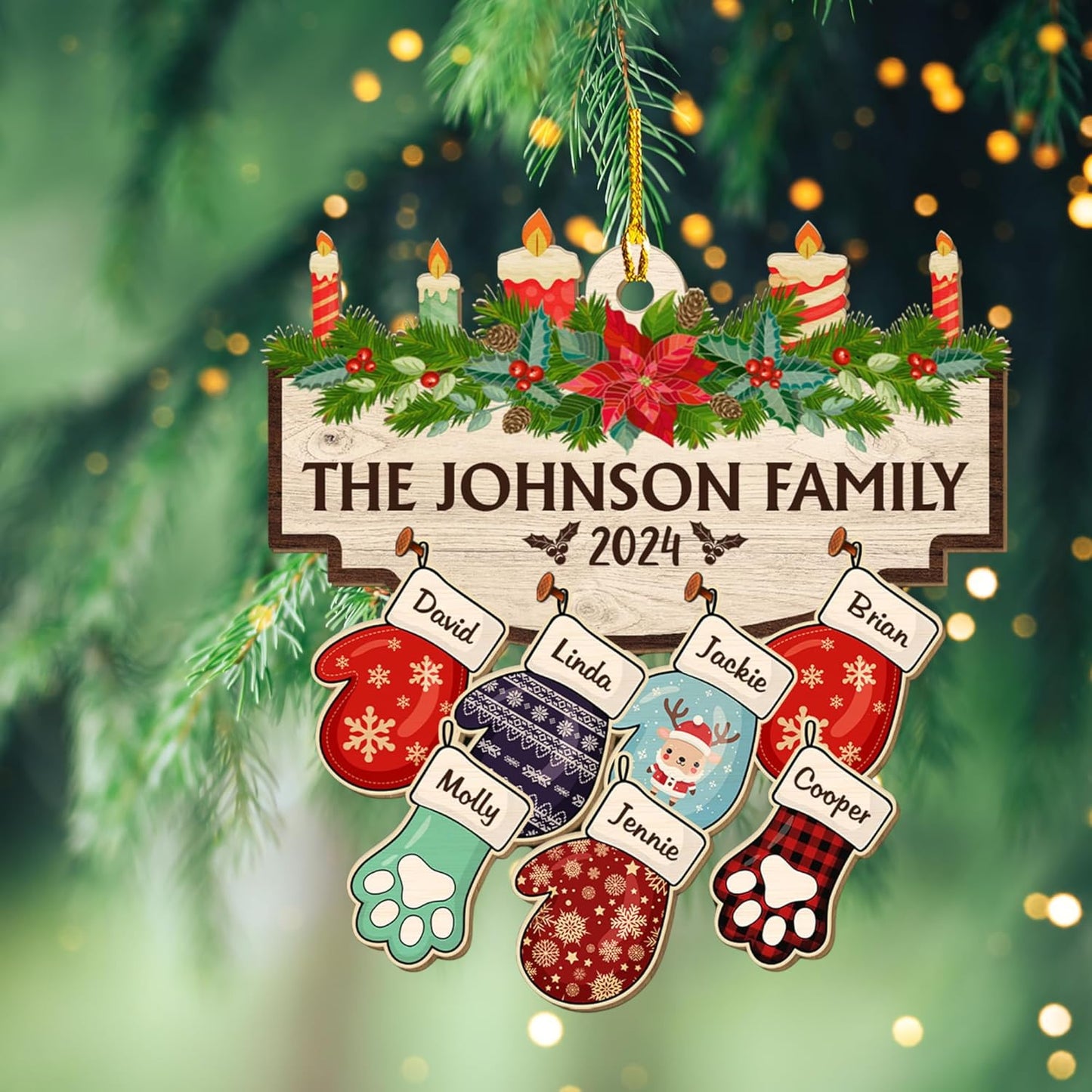 Family with Pet Ver 2 - Personalized Custom Wood Ornament, Family Gloves Christmas Ornament 2024, Xmas Ornament Gifts for Family Tree Decoration (A06, 6 Names)