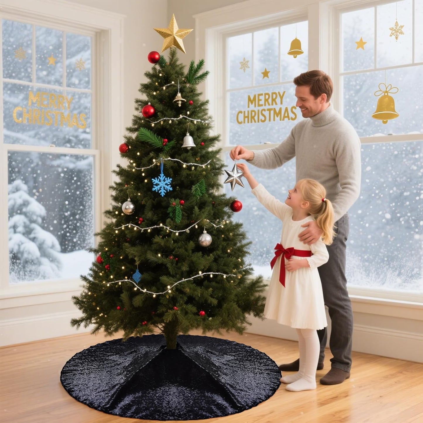 Eternal Beauty Christmas Tree Skirt, 24 Inch Black Halloween Sequin Tree Skirt Small Xmas Tree Skirt for Christmas Tree Decorations