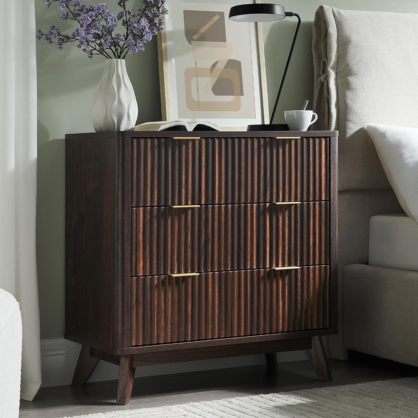 T4TREAM 32" Tall Fluted Nightstand, Modern Side Table, 3 Drawers End Table w/Storage, Bedside Table for Bedroom, Living Room, Curved Profile Design, Dark Walnut