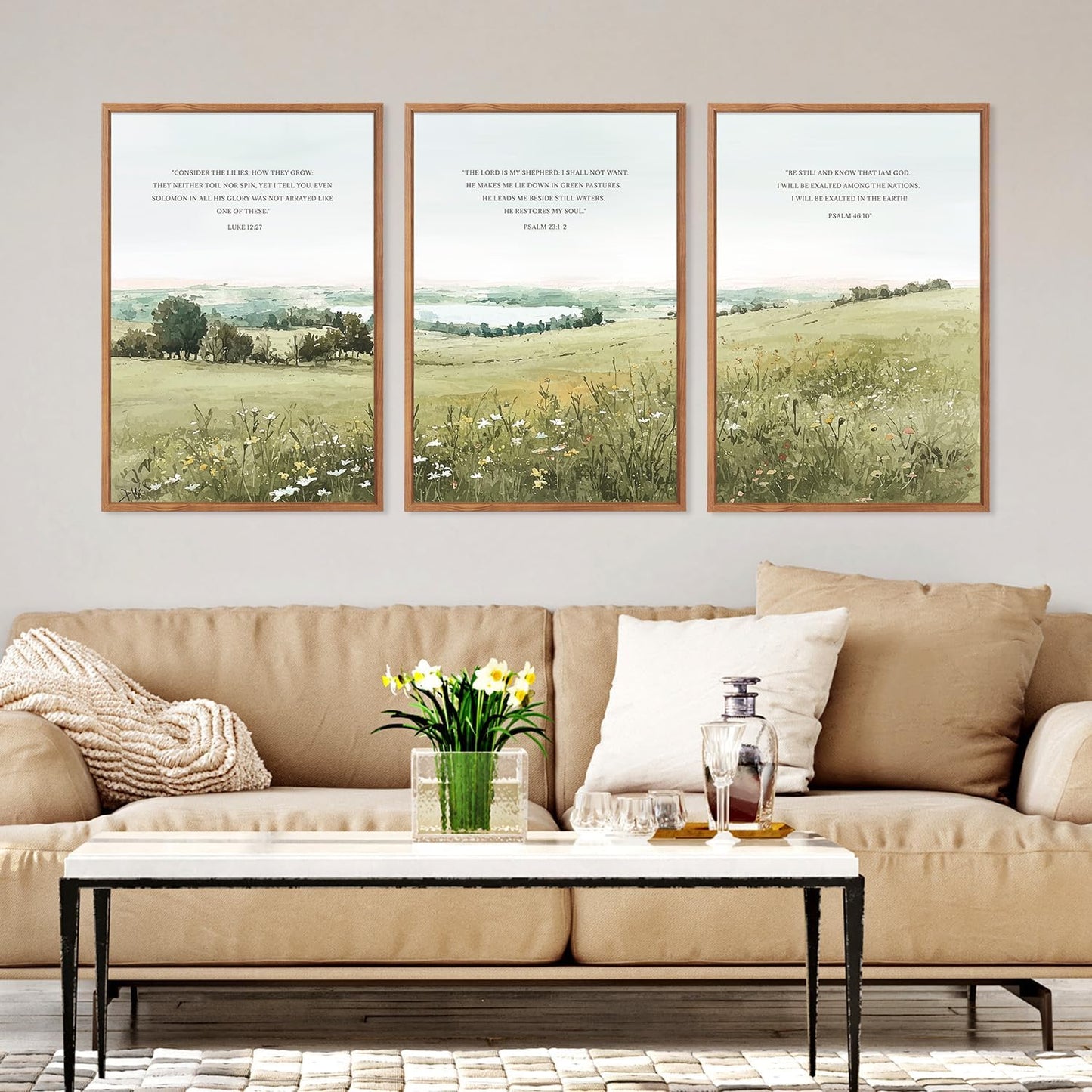 KAIRNE Scripture Christian Canvas Wall Art,Bible Verse Prints Set of 3(16”X24”),Modern Scripture Floral Wall Decor,Framed Green Countryside Field Paintings for Living Room Bedroom Ding Room Decor