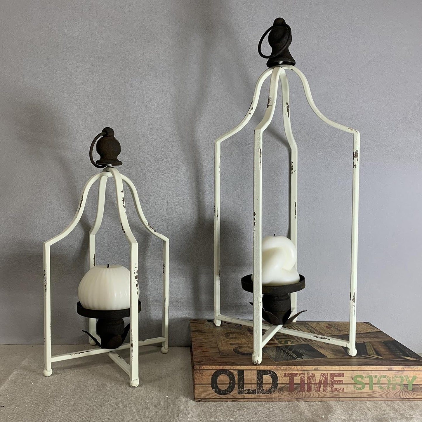 Large Tall Shabby Chic Lanterns Decorative Indoor Outdoor, Outside Gifts Front Porch Patio Vintage Metal Candle Holders, Fireplace Table Floor Farmhouse Rustic Decor Set of 2