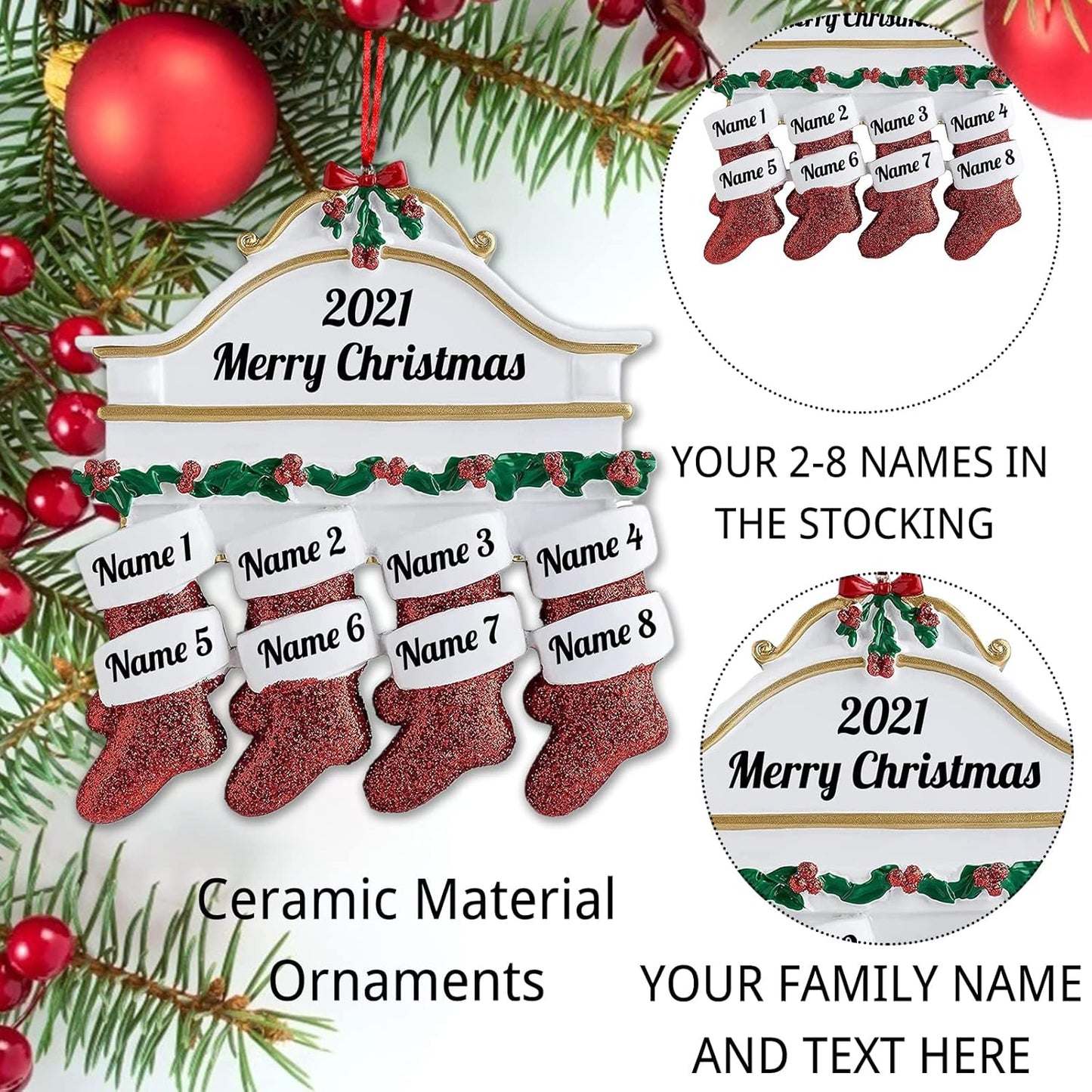 Personalized Christmas Ornaments Family of 2,3,4,5,6,7,8 Custom Christmas Stocking Ornaments with Names, Customized Xmas Day Home Christmas Tree Decora- Family of 4