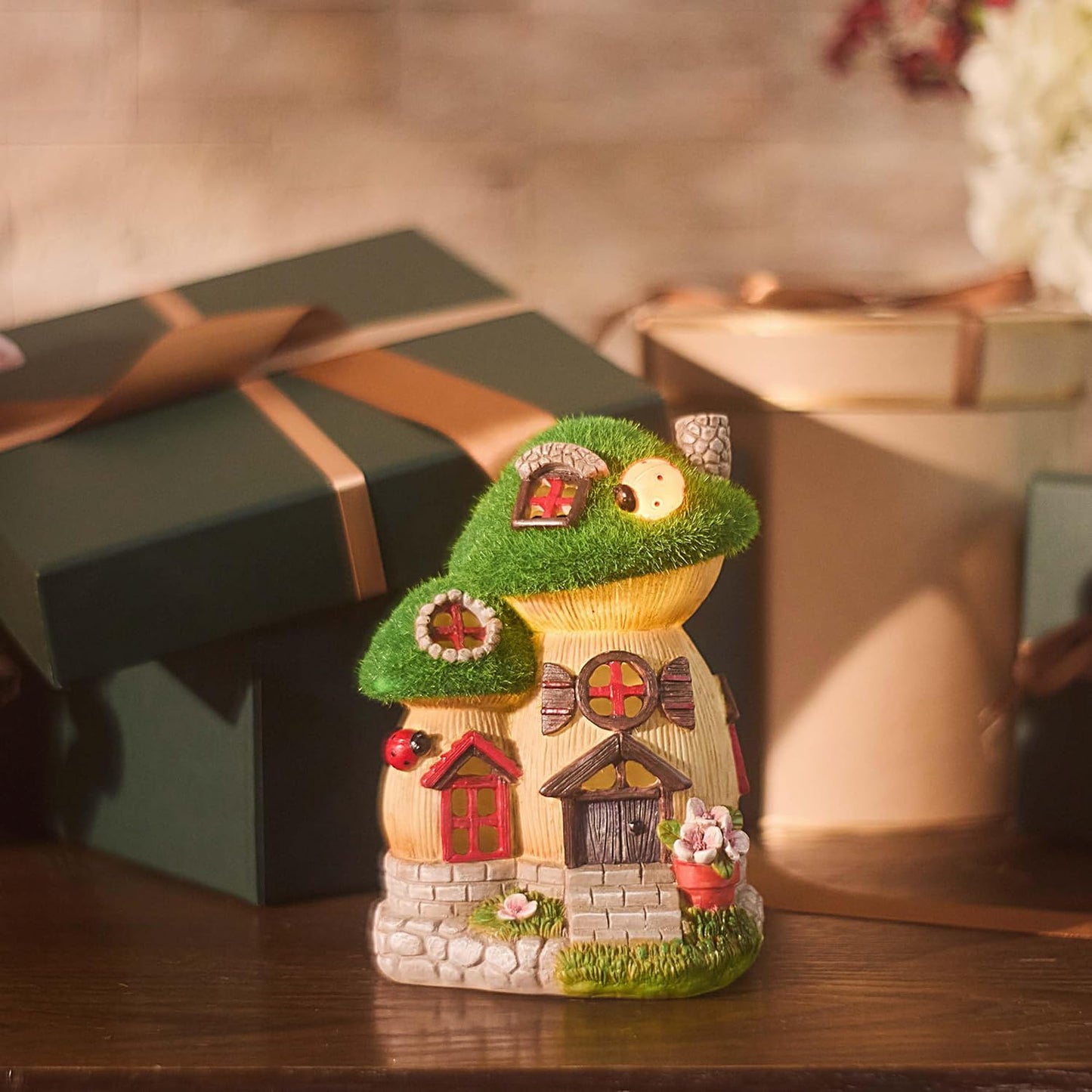 TERESA'S COLLECTIONS Mushroom Garden Statues with Outdoor Solar Light for Garden Decor, Green Flocked Decorations Resin Fairy House Accessories, Outdoor Decor Yard Gifts for Mom Women
