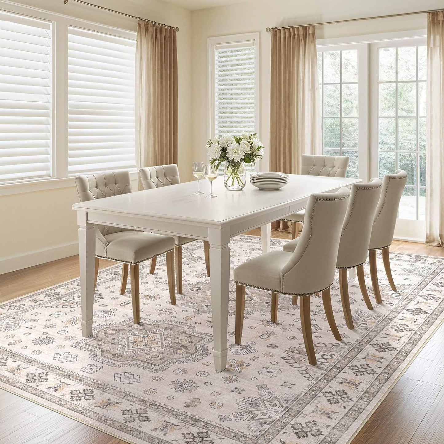 Washable Area Rugs for Living Room -9x12 Neutral Vintage Distressed Floral Farmhouse Boho Large Soft Floor Rug Indoor Non Slip Carpet for Living Room Bedroom Dining Room Office -Beige Brown