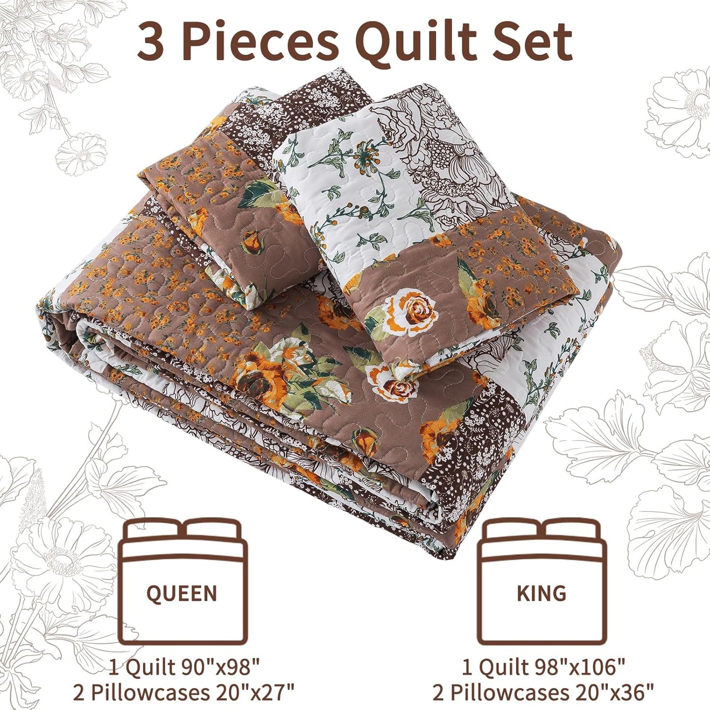 VAPUTAR Quilts Queen Size, Fall Patchwork Bedding Set with Floral Pattern, Soft and Breathable Coverlet Set, Lightweight Reversible Bedspread Suitable for All Season (90X98 inch, Brown)