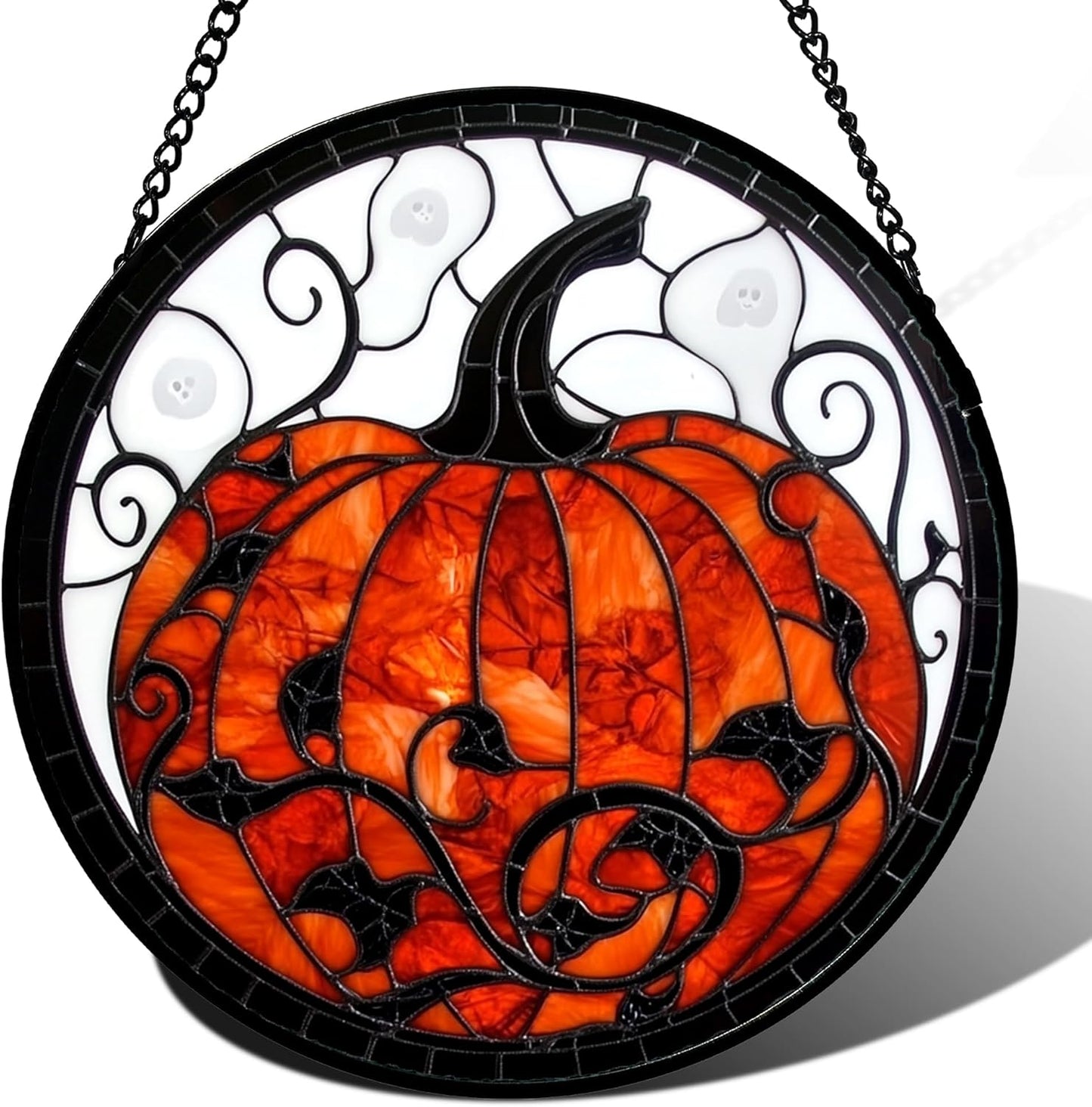 Stained Glass Window Hanging - Halloween Red White Scary Pumpkin Suncatcher for Doors Garden Home Spooky Rattan Sun Catchers Gothic Decor Horror Gifts for Women Men Friend Boy Girl 15 in