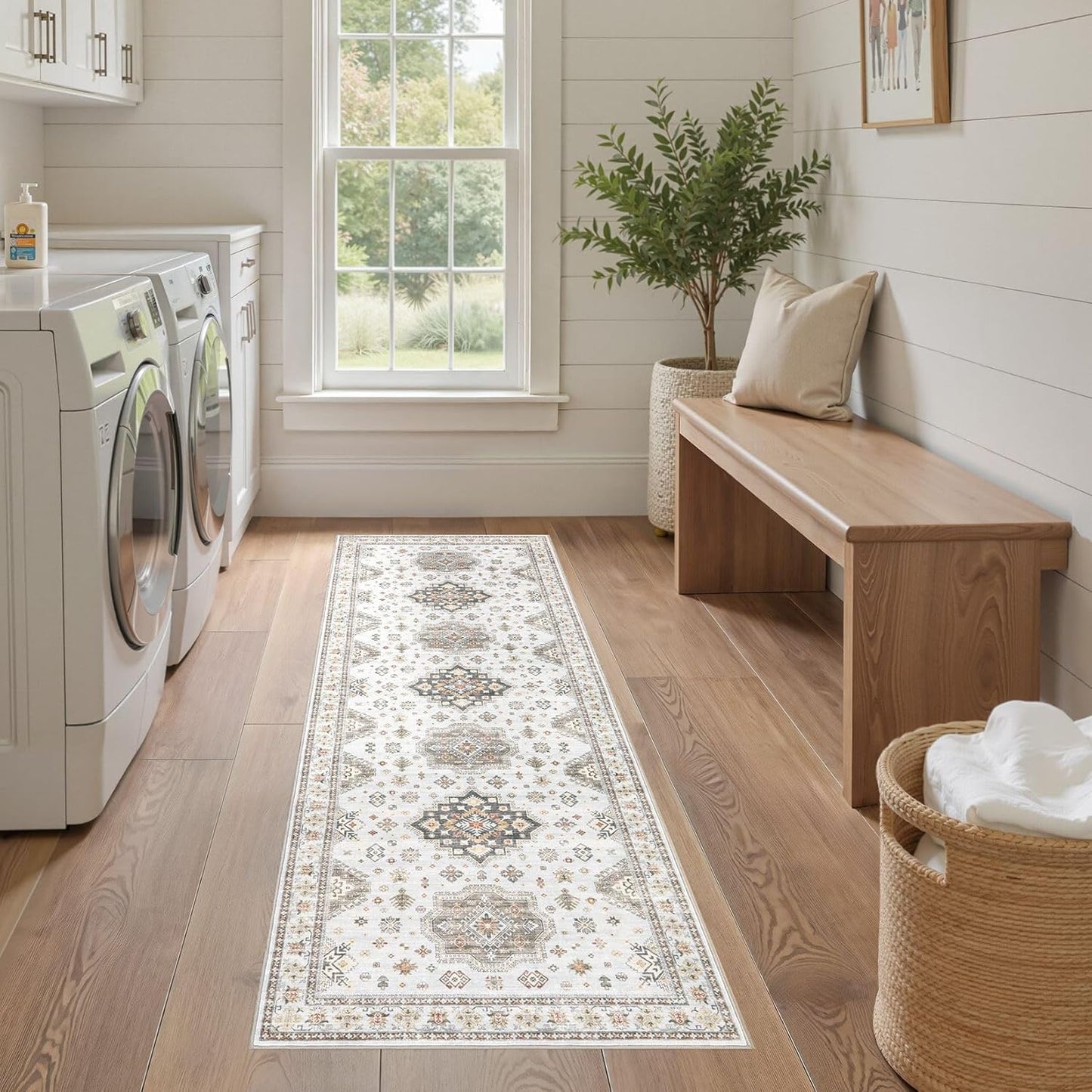 Washable 2x6 Runner Rug - Area Rugs Neutral Vintage Distressed Floral Farmhouse Boho Large Soft Floor Rug Indoor Carpet for Hallway Entryway Bedroom Kitchen - Blue Brown