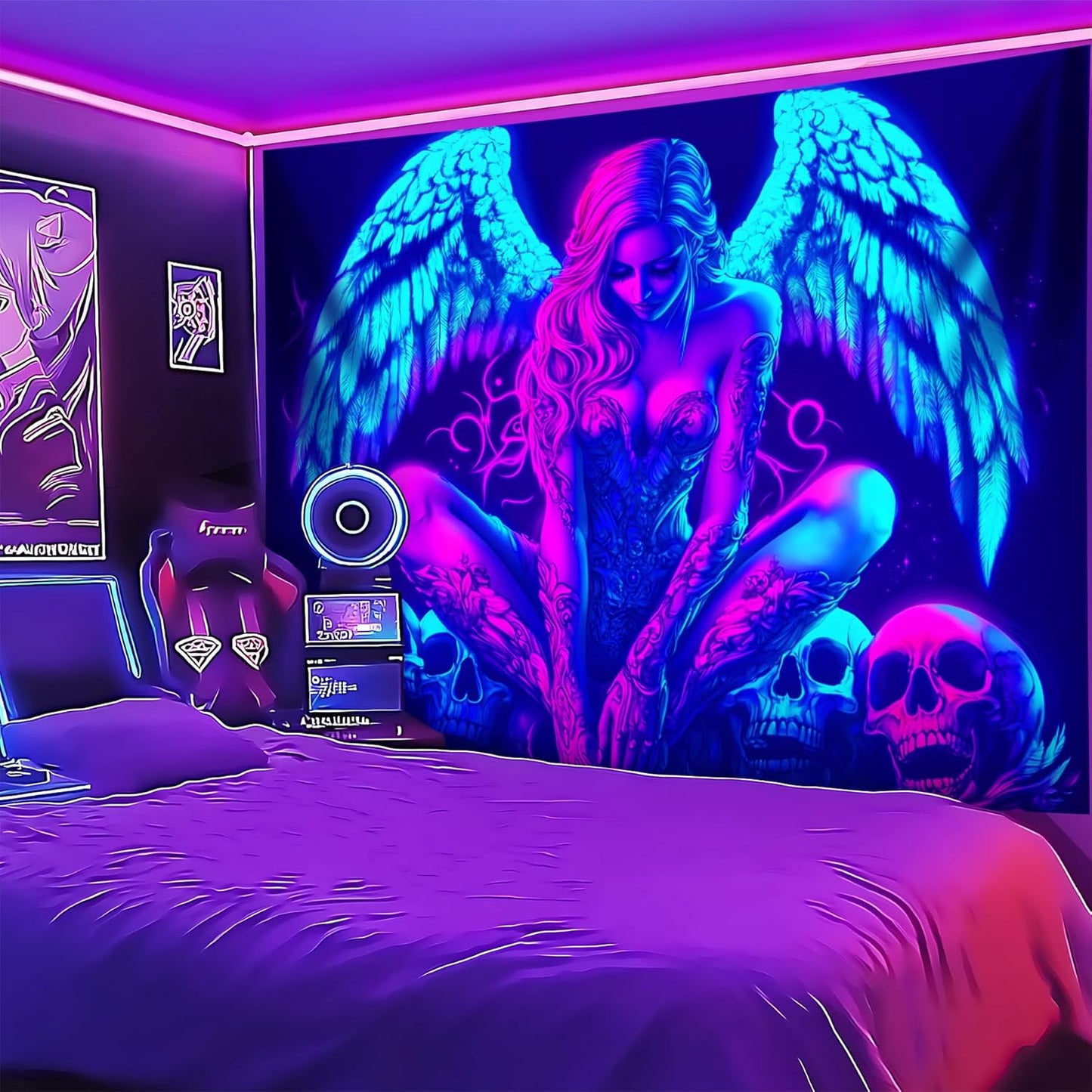 Blacklight Tapestry,WingTapestry Glow In The Dark,UV Reactive Black Light Upright Posters Wall Hanging for Bedroom Dorm Living Room Backdrop Decor (wing15, 79L" x 59W")
