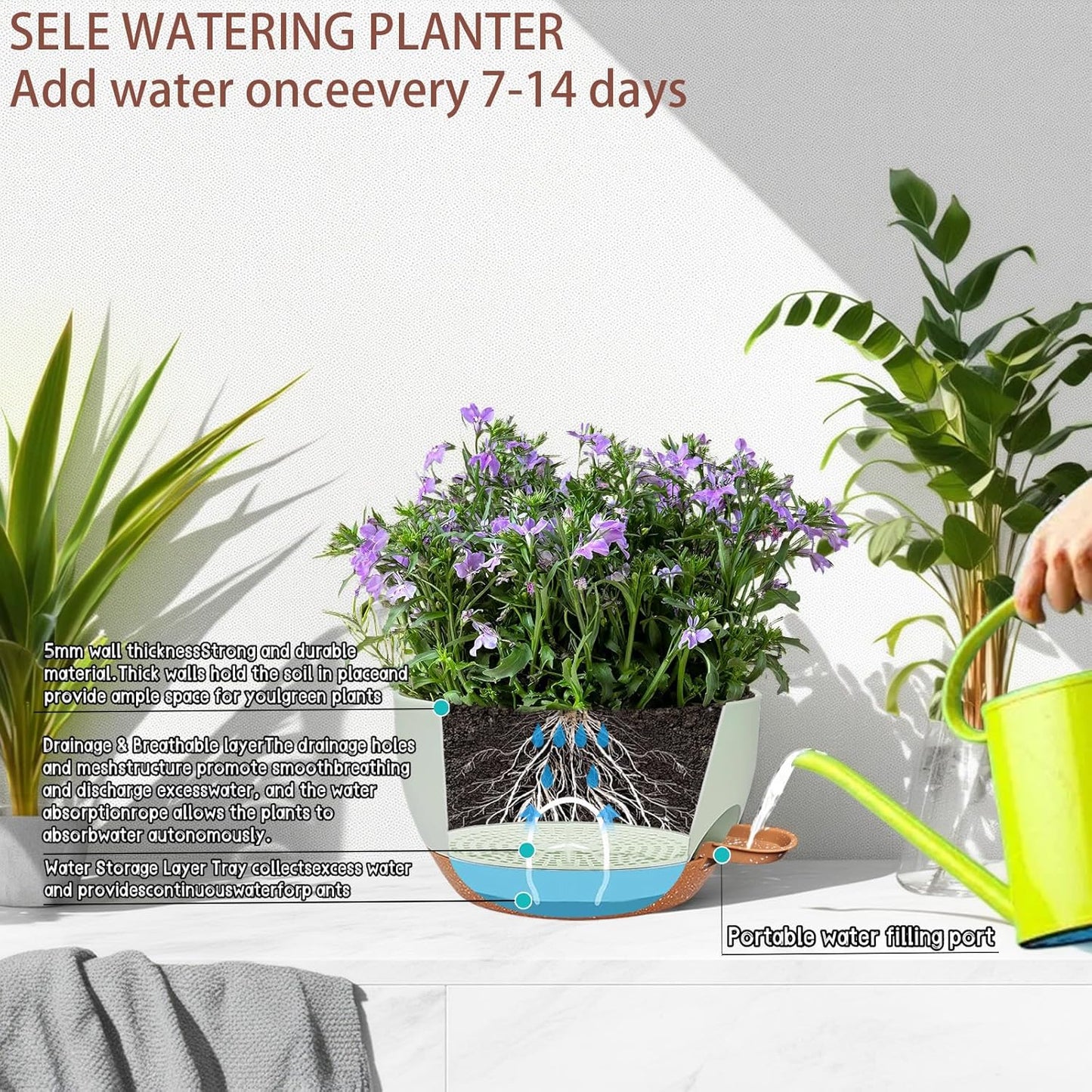 2 Pack 12 Inch Large Hanging Planters with Chains Self Watering Green Brown Plastic Hanging Pots for Indoor Outdoor Plants, Garden Porch Home Decor，Green Brown