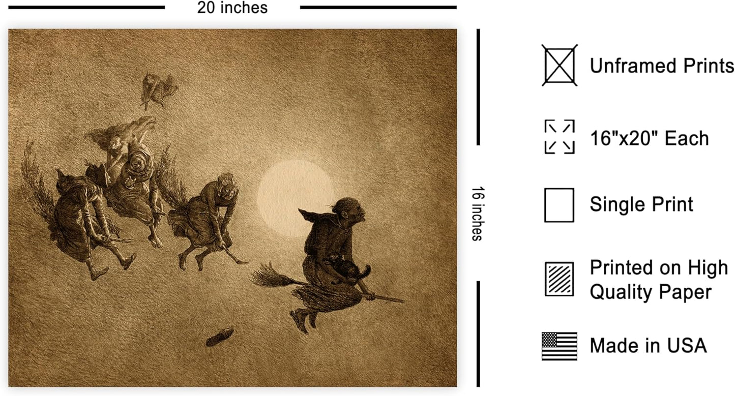 Poster Master Vintage Witches Ride Poster - Retro Flying Witches Print - Halloween Art - Pagan Art - Gift for Men & Women - Gothic Wall Decor for Living Room, Bedroom or Dorm - 16x20 UNFRAMED Wall Art