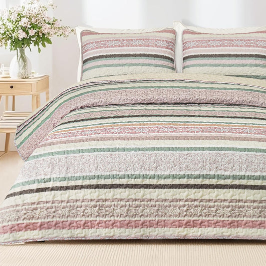 Exclusivo Mezcla Reversible Boho Quilt Set Queen Size, 3 Pieces Bohemian Pink All Season Bedspreads, Ultra Soft Floral Coverlet Bedding Set with Printed Pattern (1 Quilt, 2 Pillow Shams)