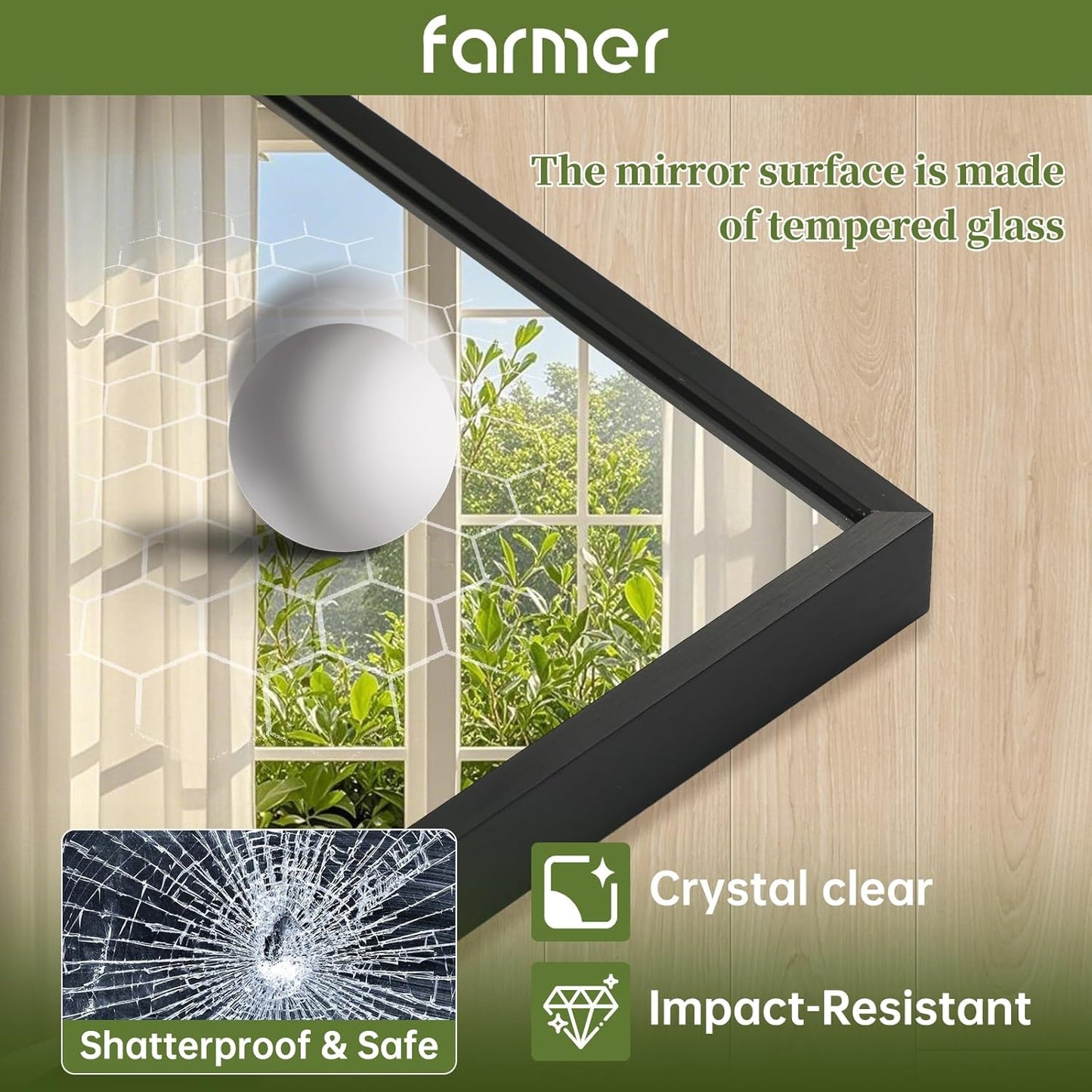 FARMER 24x32 Inch Black Bathroom Mirror, Rectangle Wall Mounted Mirror, Vanity Mirror, Brushed Square Mirror, Framed Bathroom Mirror for Bedrooms, Entryways, Living Rooms, Horizontal/Vertical