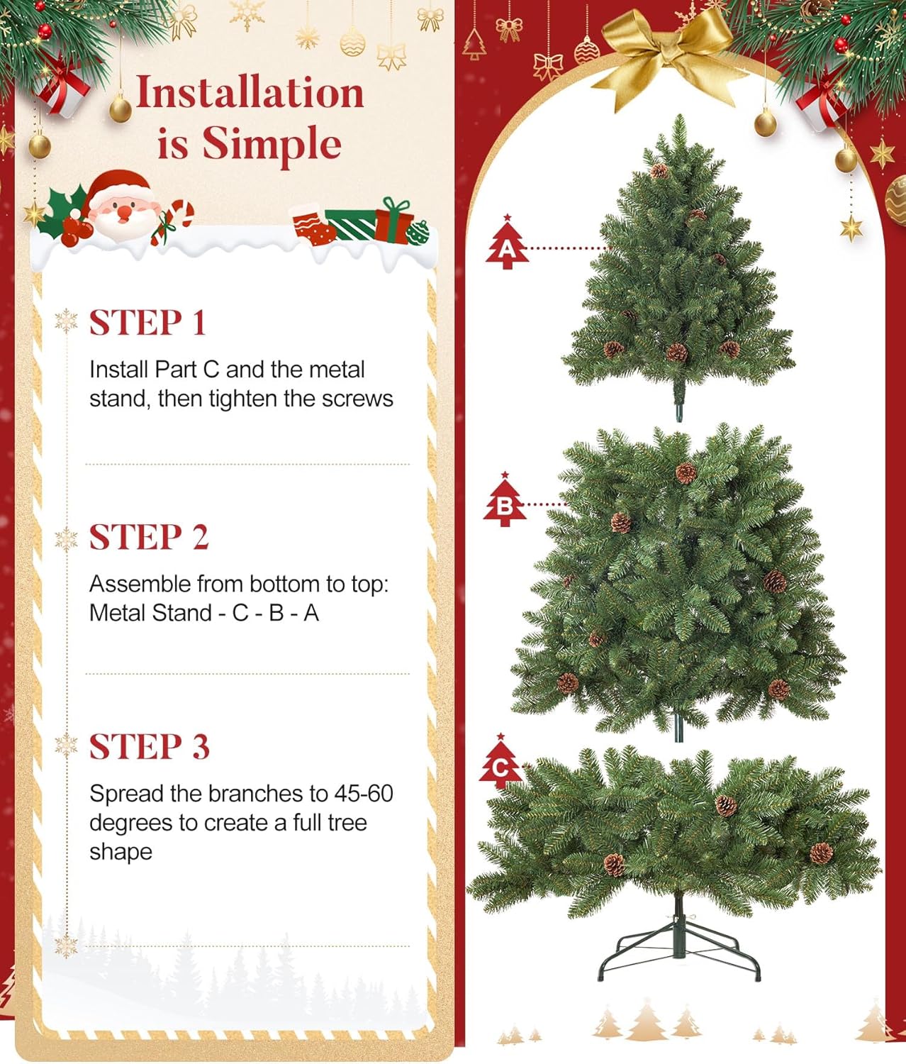 Decoway 6FT Artificial Christmas Tree: Unlit Green Xmas Pine with Pinecones and Metal Stand for Indoor - Holiday Decoration for Porch Living Room Easy Assembly