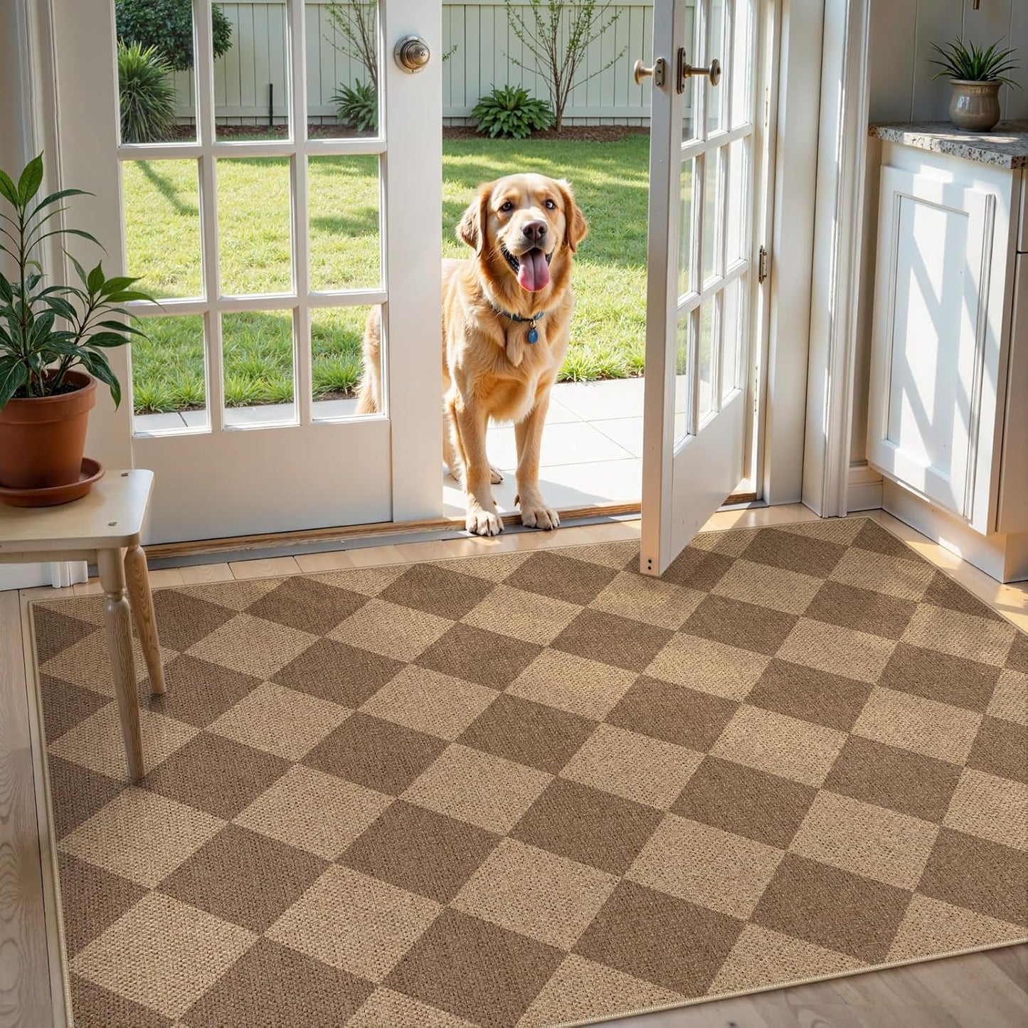 Lahome Checkered Easy Jute Indoor Outdoor Rug, 3x5 Washable Nature Rug for Entryway Living Room Indoor, Farmhouse Non Slip Checkerboard Carpet for Entry Guestroom Deck