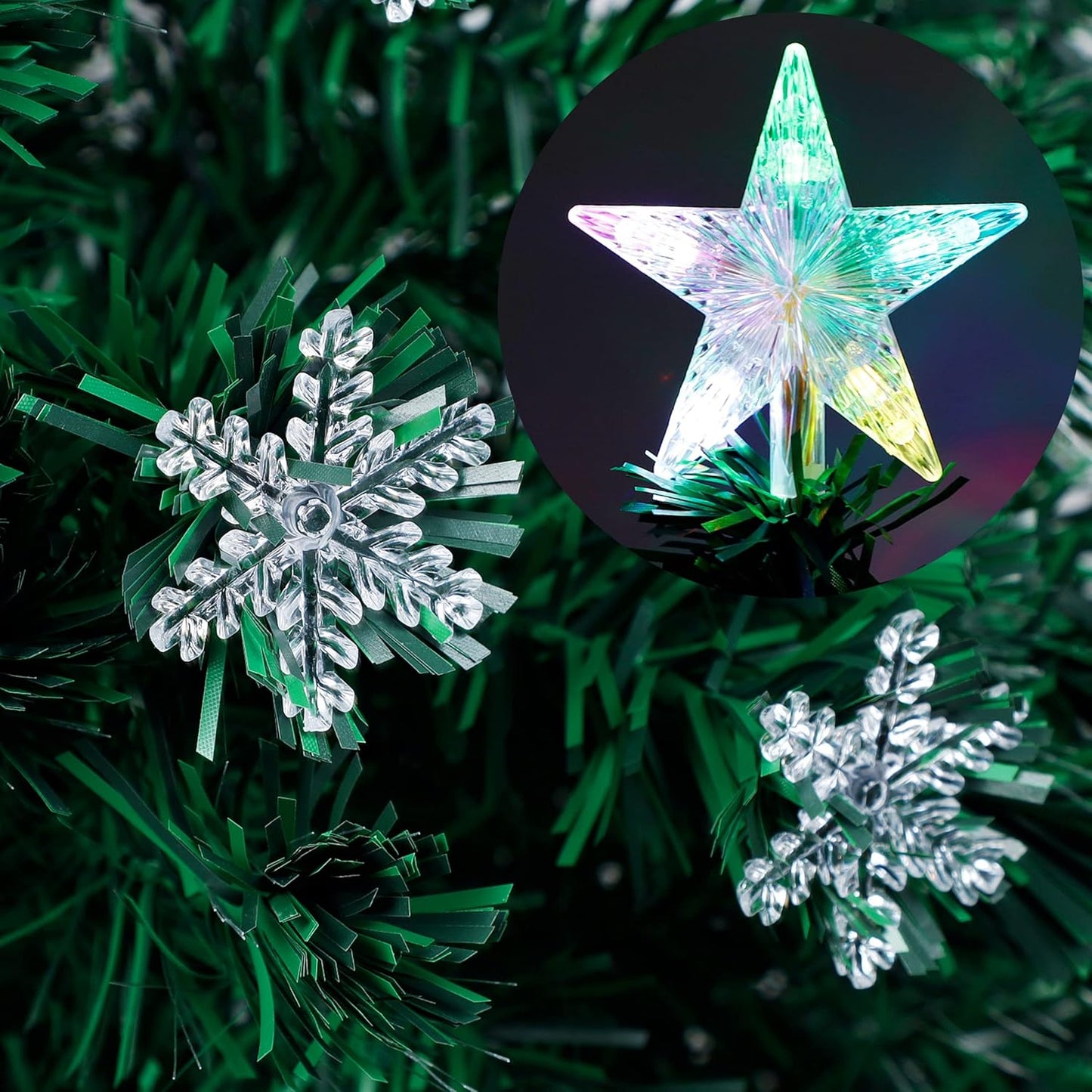Juegoal 4 ft Pre-Lit Artificial Christmas Tree, Lighted Optical Fiber Xmas Trees with RGB Color Changing LED Lights, Snowflakes & Top Star, Festive Party Holiday Fake Multicolored Tree with Metal Legs