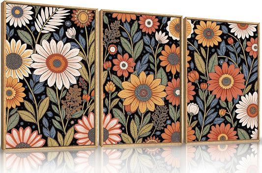 LHIUEM Large Abstract Boho Flower Framed Canvas Wall Art Set,Vintage Colorful Floral Wall Decor,Retro Wildfower Plant Painting,Botanical Artwork for Living Room,Bedroom,Dining Room,Office -16"x24"x3