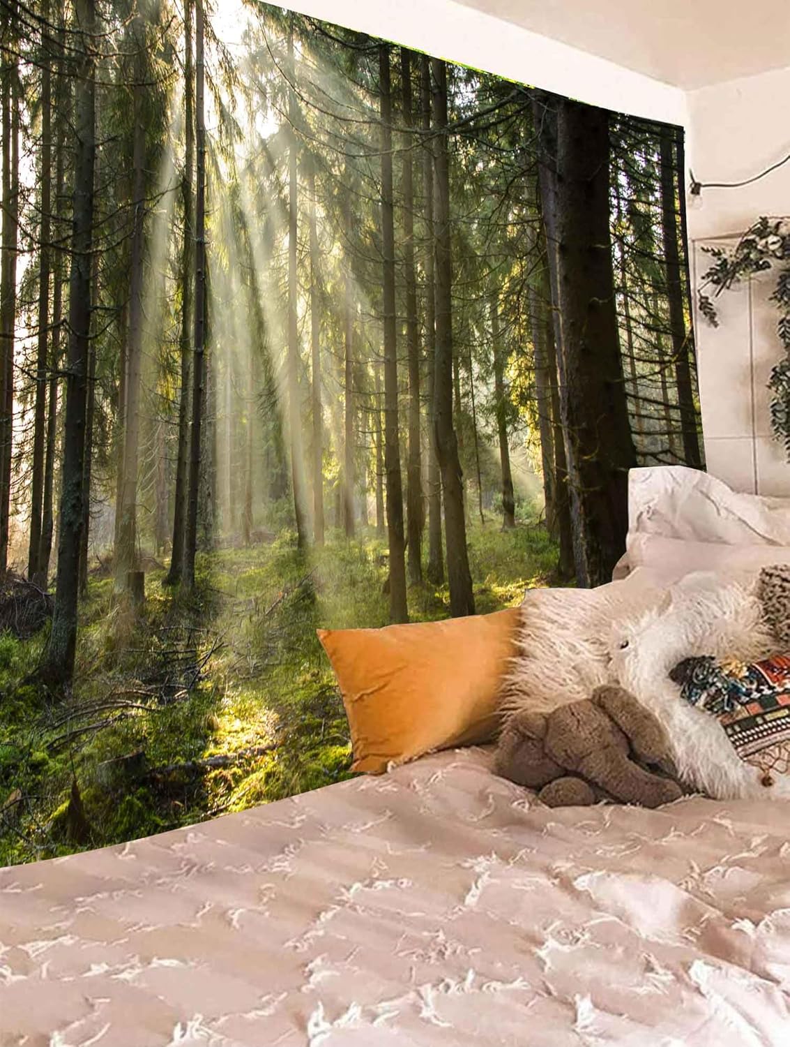 Onivein Forest Tapestry Nature Sunlight Streaming Through Green Trees Wall Hanging for Bedroom Living Room Office Decor 90 x 70 Inches