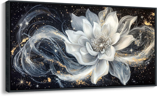 QZQCBLC Large Framed Wall Art, Black and White Lotus Wall Art Modern Abstract Flower Pictures Gold Silver Canvas Painting Artwork for Living room Bedroom kitchen Home Office Decor 29x58 IN