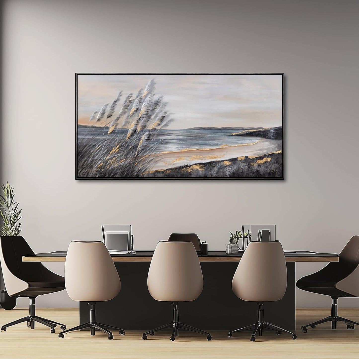 Yuaxker Ocean Wall Art Grey and Black Wall Decor Framed art Aesthetic Coastal Canvas Painting for Living Room Bedroom Dining Room Office Home Decor 24x48 Inch