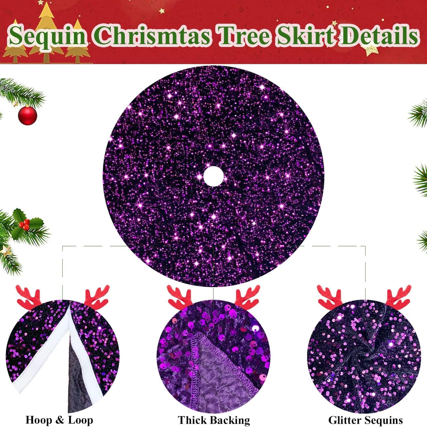 Purple Christmas Tree Skirts 21 Inch Xmas Tree Collar with Velvet Fabric Luxury Shiny Christmas Tree Mat Round Table TopTree Blanket Decoration for Happy New Year Christmas Party Holiday Birthday