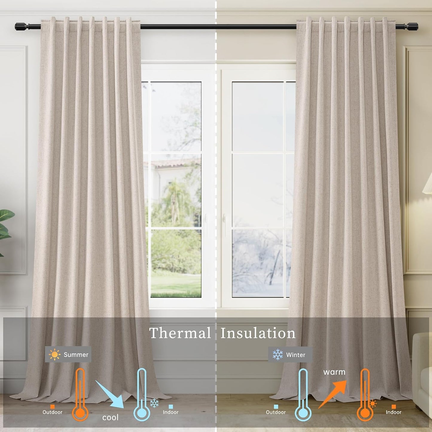 BOODII Oatmeal Linen Black Out Curtains 72 Inch Long 2 Panels Set for Bedroom Light Blocking Curtains Greige with 100% Blackout Backing Warm Taupe Thermal Insulated Room Darkening Nursery Curtain