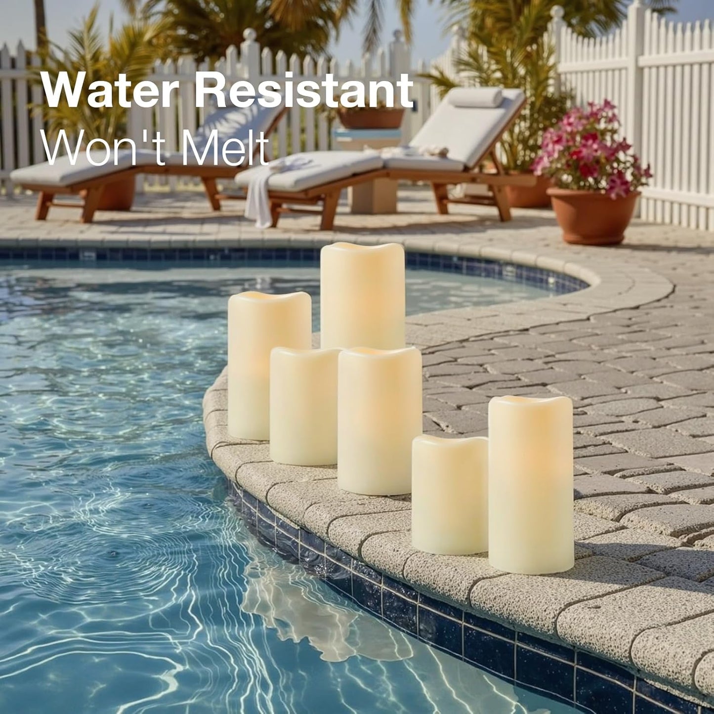 Amagic Outdoor Waterproof Flameless Candles with Timer, Battery Operated Candles with Remote Control, D3 x H4 5" 6" Electric LED Pillar Candle for Outside Patio, Garden, Indoor Decor, Ivory, Set of 3