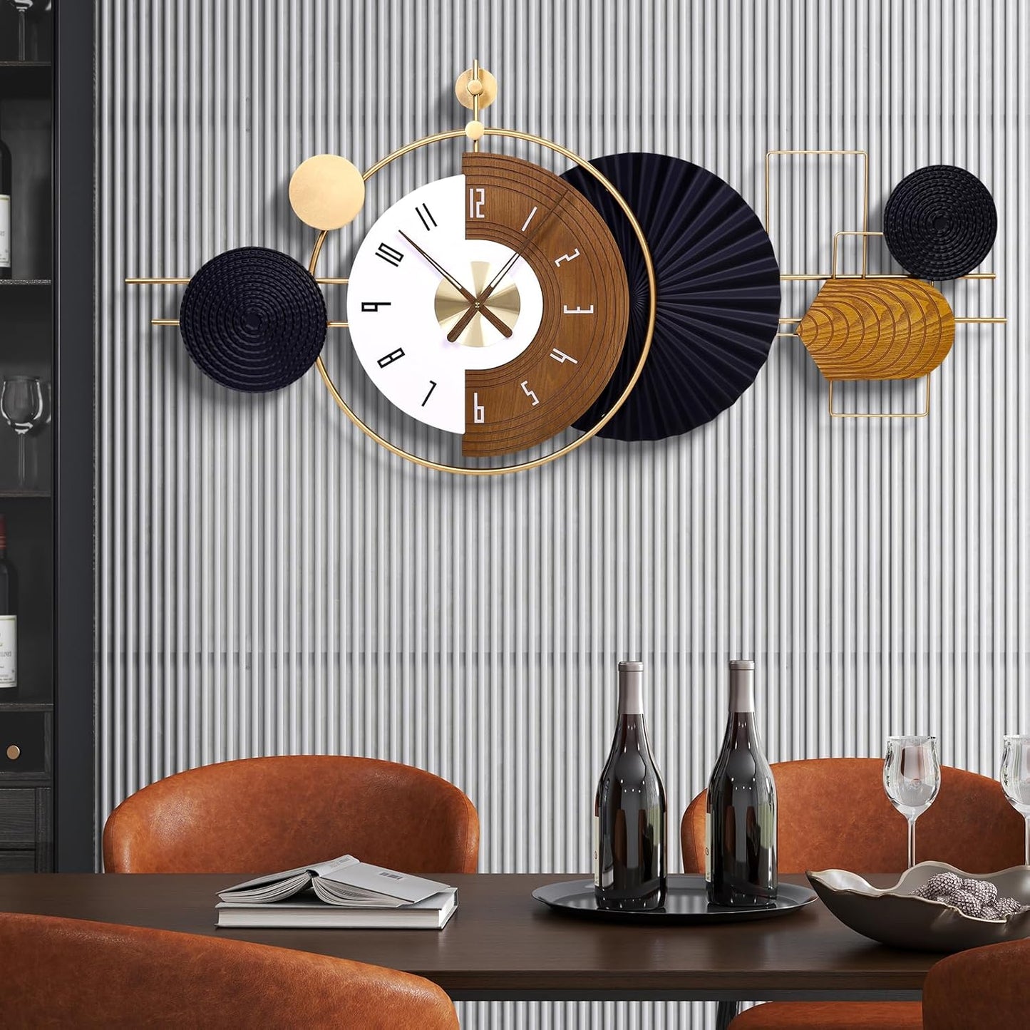 38.9X18inch Extra Large Wall Clock Battery Operated Decorative Modern Clocks for Living Room,Luxury Geometric Wall Clock Artistic Iron Wood Clocks for Suitable for Bed Room, Kitchen, Office