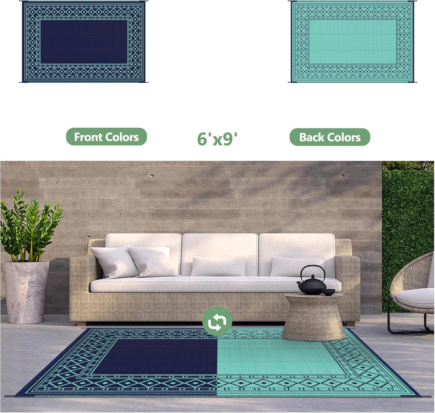 GENIMO Outdoor Rug Waterproof 6'x9' for Patio, Foldable Reversible Plastic Straw Carpet, Outside Area Mat for Patios, Rv, Deck, Picnic, Porch, Camper, Balcony, Beach, Navy Blue & Jade Green