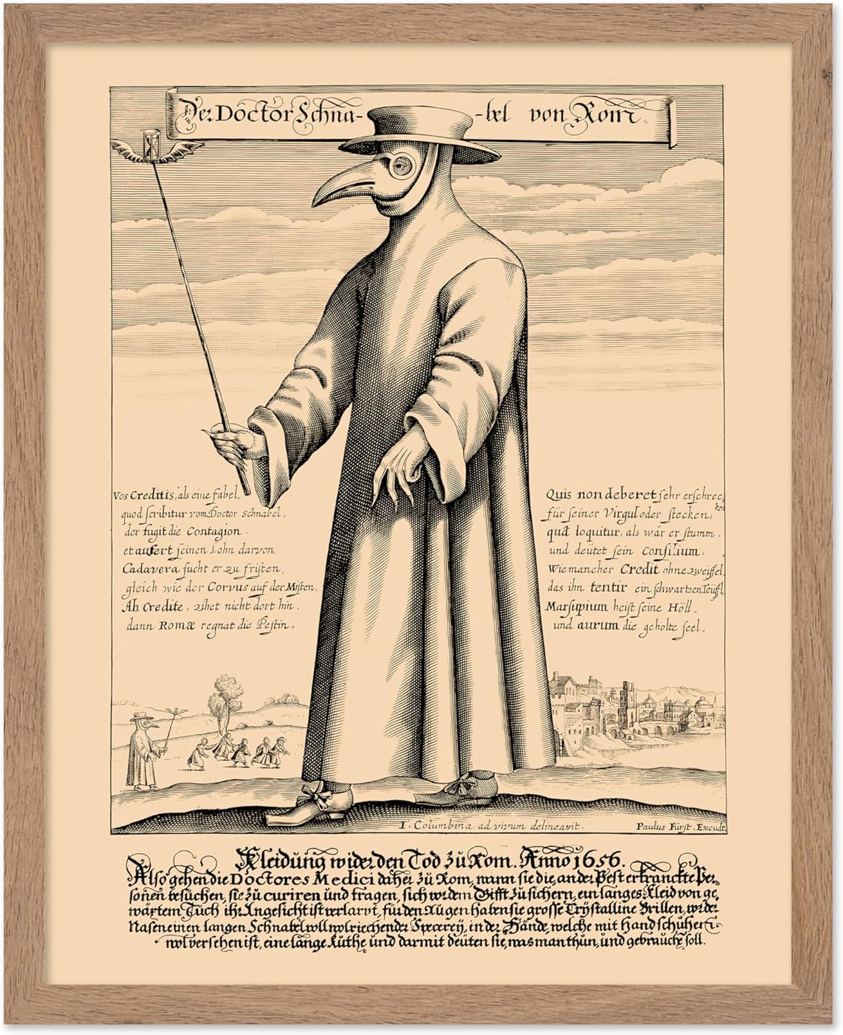 Poster Master Vintage Medieval Poster - Retro Illustration Print - Gift for Friend - Plague Doctor, Pandemic Mask, Physician, Black Death - Wall Decor for Home, Living Room, 16x20 Beige Framed