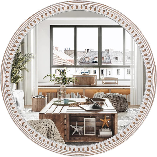 24 inches Decorative Round Wood Mirror with Bead, Rustic Farmhouse Circle Mirrors for Wall Decor, Living Room, Entryway, Bathroom Over Sink