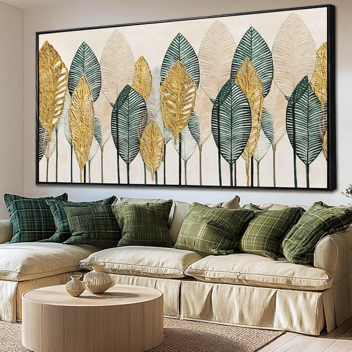 Contemporary Framed Wall Art Green and Gold Wall Decor Leaves Wall Prints Line Wall Posters 29"x58" Living Room Decorations Kitchen Art