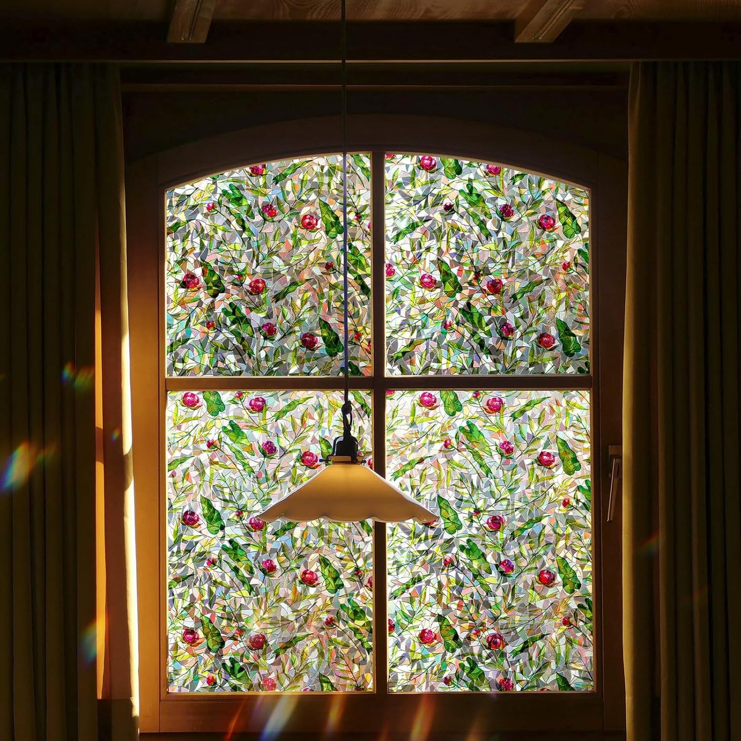 Rainbow Window Privacy Film 3D Floral Decorative Stained Glass Window Film Anti UV Non-Adhesive Reusable 23.6" x 78.7" for Home Room Car Glass Cling