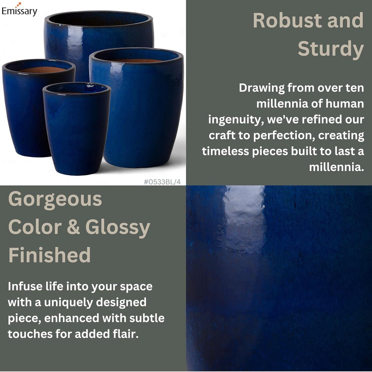 Emissary Home and Garden Bullet 11.5 in. Blue Ceramic Round Planter (11.5 in. L x 11.5 in. W x 14 in. H) with Drainage Hole