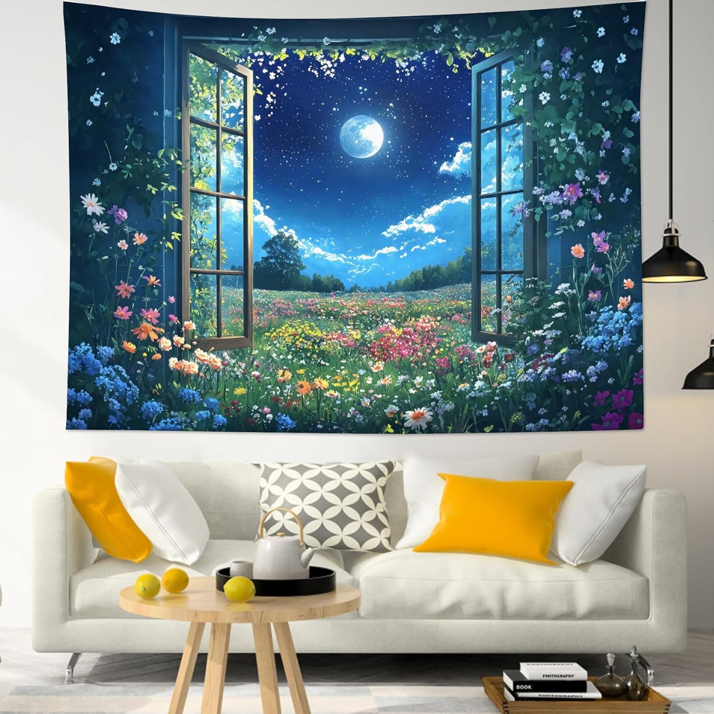 LB Wildflower Moon Tapestry, Window Forest Plant Green Leaf and Garden Colorful Floral Wall Tapestry for Bedroom, Night Sky Wall Art for Living Room Dorm Home Decor Ready to Hanging, 59 x 51 Inches