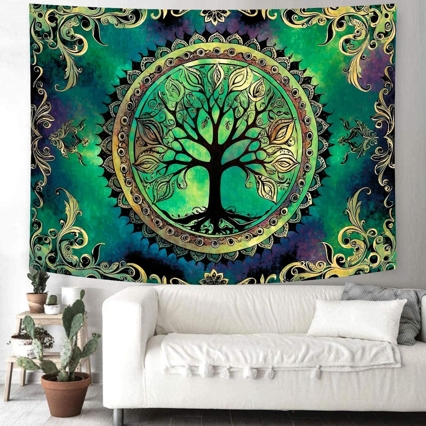Delur Tree of Life Tapestry Green Nature Bohemian Mandala Spiritual Tapestry Wall Hanging Mystical Landscape Hippie Psychedelic Headboard for Bedroom Living Room Home Decor (70.8" x 92.5")