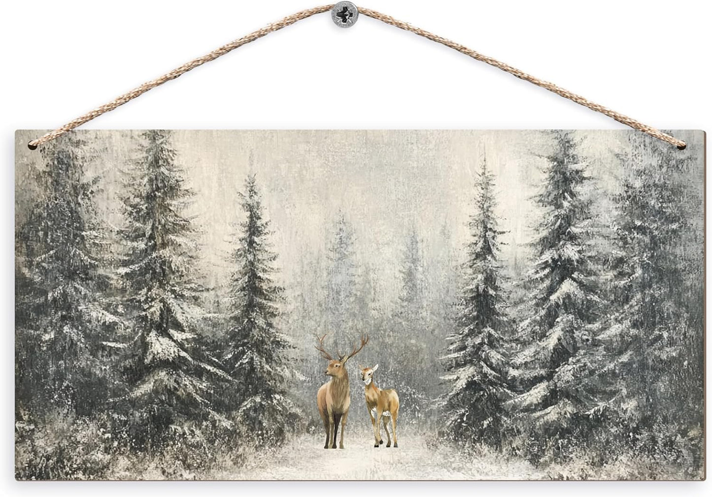 Winter Pine Tree Deer Wooden Sign, 12x6 inches, Rustic Wall Decor for Home, Office or Gifting