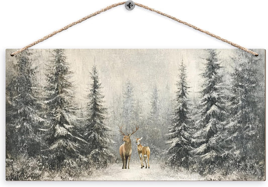 Winter Pine Tree Deer Wooden Sign, 12x6 inches, Rustic Wall Decor for Home, Office or Gifting