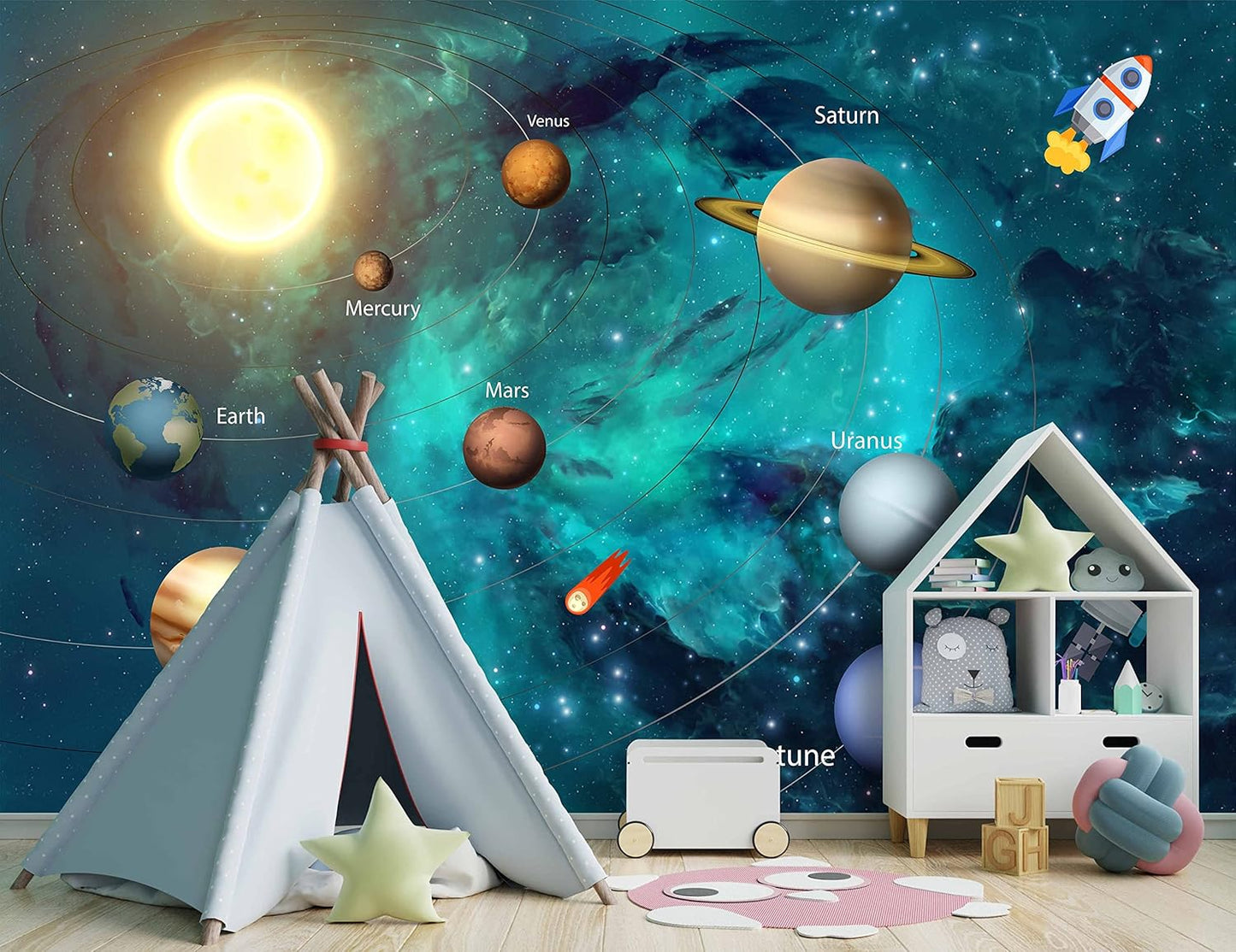 Kids Universe Planet Galaxy Wallpaper Solar System Starry bight Sky Ceiling Nursery Wall Mural - 137"x96"（Not Peel and Stick）
