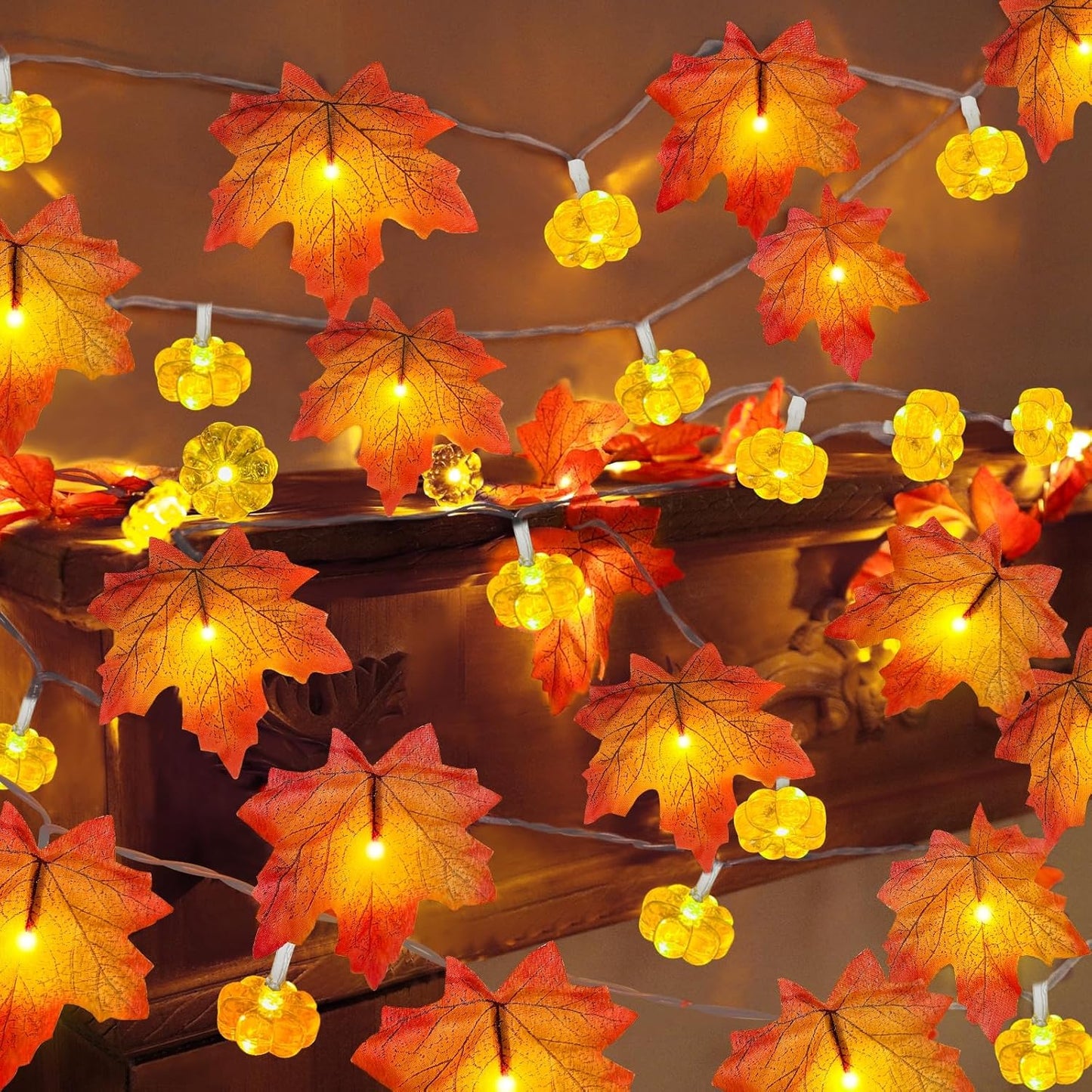 2 Pack & Timer - Fall Garland with Pumpkin Lights Halloween Fall Decor for Home 60LED 20Ft Enlarged Maples Leaves Halloween Garland Lights Indoor Battery Operated Thanksgiving Decor Wedding Christmas