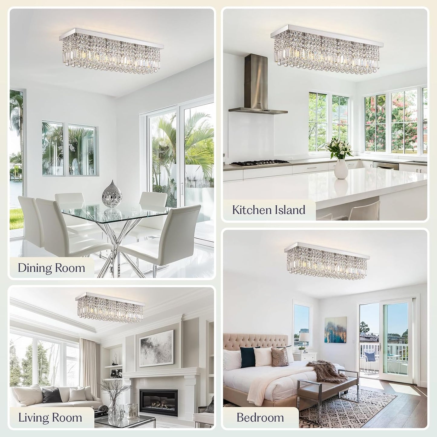 Rectangular Chandelier, Flush Mount Rectangle Chandelier Modern K9 Crystal Chandeliers Light Fixture, 6-Lights Raindrop Crystal Pendant Ceiling Light for Dining Room Bedroom Bar Club L31.5 Inch