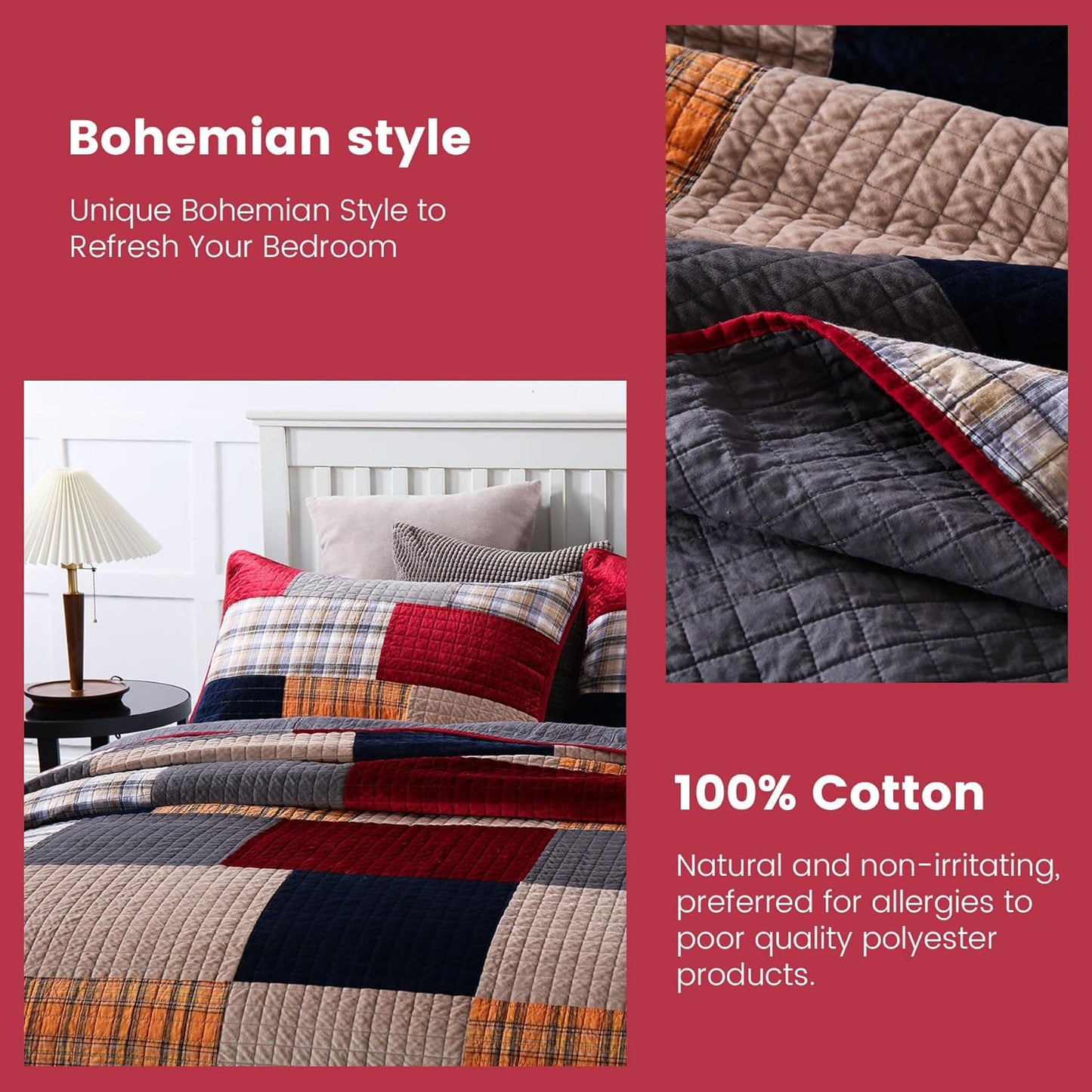 Secgo Velvet Queen Comforter Set for Bed - 100% Cotton Quilts Queen Size, Red, Black Bedspreads (90 * 98 Inch) with 2 Pillow Shams, Patchwork Reversible Lightweight Bedding