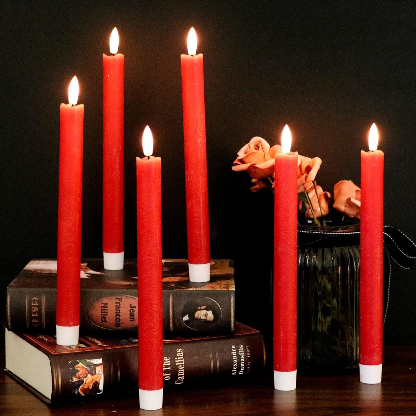 GenSwin Flameless Red Taper Candles Flickering with 10-Key Remote, Battery Operated Led Warm 3D Wick Light Window Candles Real Wax Pack of 6, Christmas Home Wedding Decor(0.78 X 9.64 Inch)