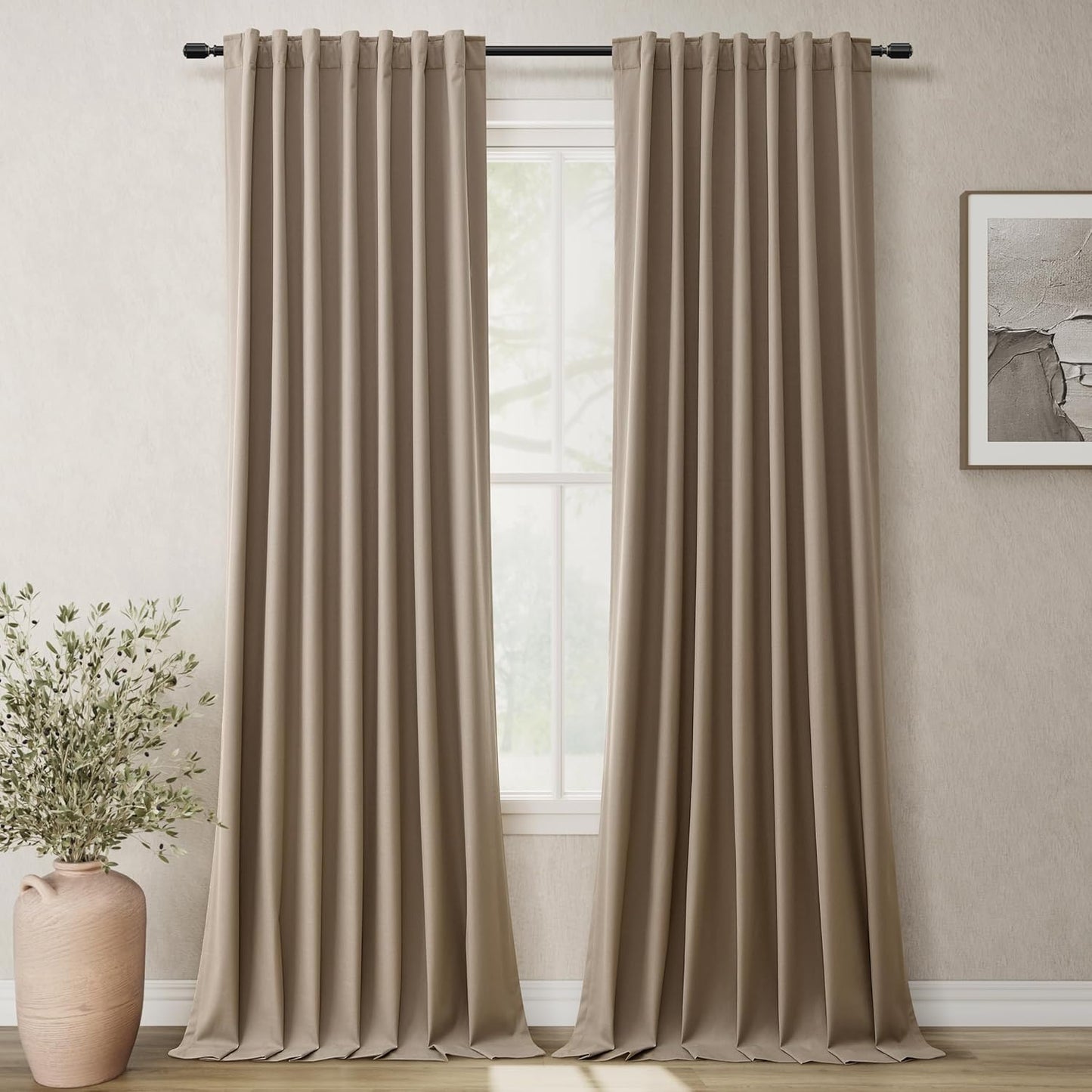 Light Brown Linen 100% Blackout Curtains for Bedroom 102 Inch Long 2 Panels Window Curtain Floor to Ceiling Length for Living Room Sliding Glass Door Back Tab Linen Room Darkening Drapes 52x102