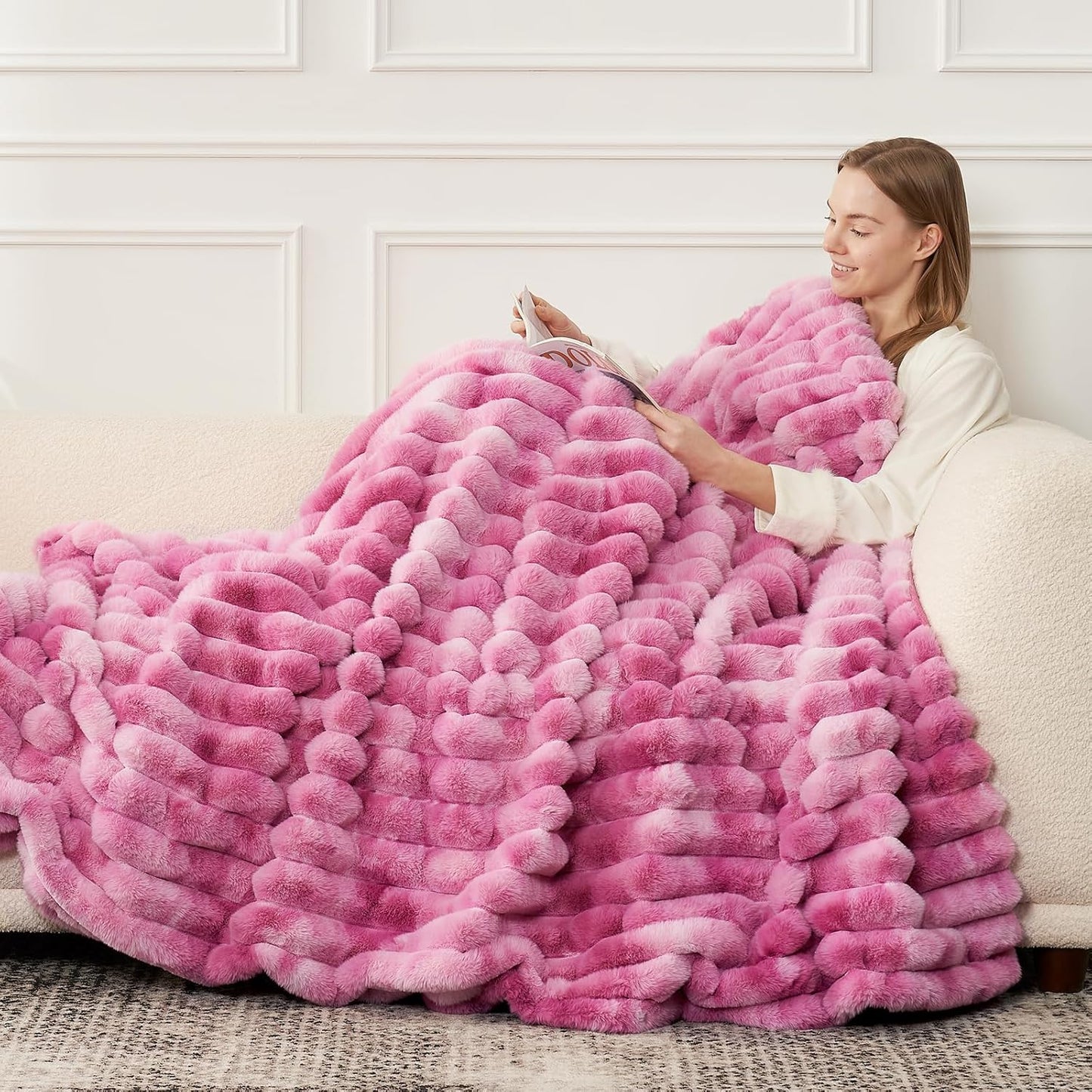 Cozy Bliss Faux Fur Throw Blanket for Couch, Cozy Warm Plush Striped Blanket for Sofa Bedroom Living Room,50 * 60 Inches Tie-dye Pink