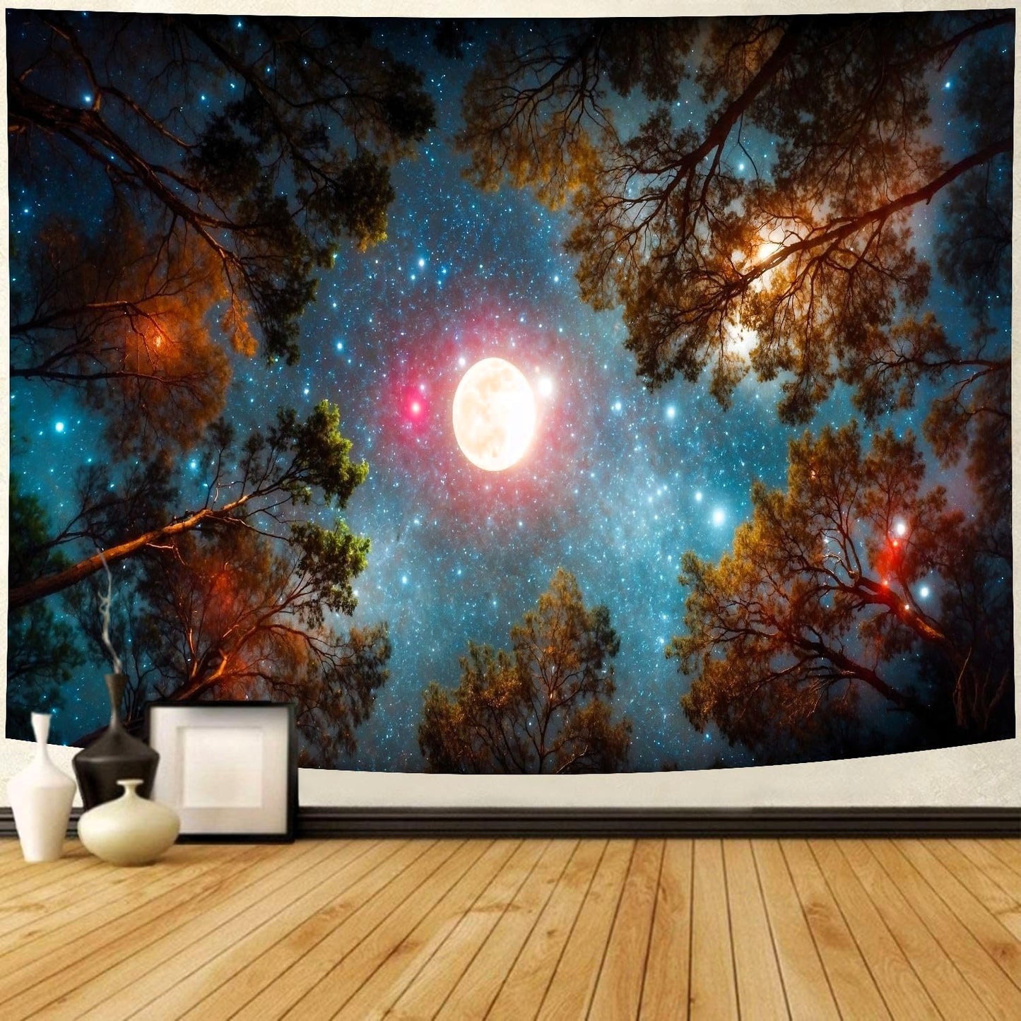 Delur Forest Tapestry Galaxy Moon Stars Night Space Starry Sky Wall Hanging Tapestry Aesthetic Tree Nature Landscape Psychedelic Headboard for Bedroom Living Room Home Decor (70.8" x 92.5")