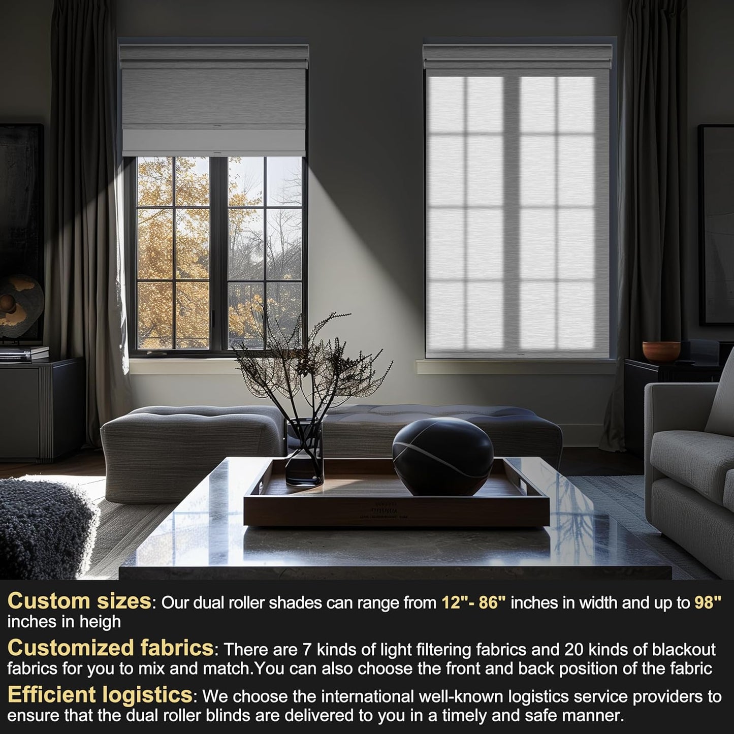 BERISSA Cordless Dual Roller Shades with Cassette Valance, Double Window Shades Blackout and Light Filtering, Day and Night for Home Office Door. Striped Jacquard White. 69 W x 36" H