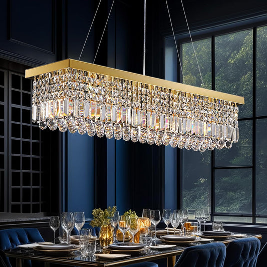 Modern Crystal Chandelier for Dining Room,Gold Luxury Crystal Chandelier,8 Lights Rectangular Rectangle Light Fixture for Living Room Kitchen Island L40''xW10''xH10''