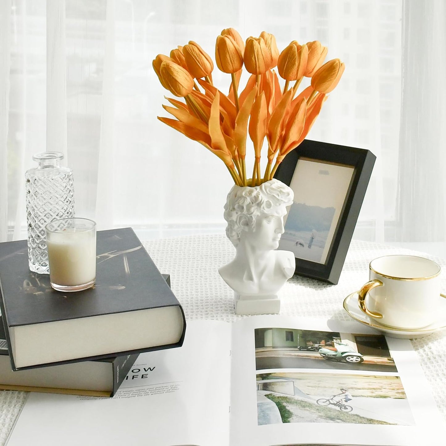 Mandy's Artificial Tulips 12 Stems Fully Gold PU Faux Flowers for Wedding Home Decor 13.5 Inch